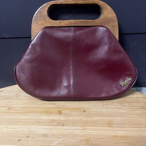 1969 Vintage John Romain Purse Maroon Leather Wood Handled handbag